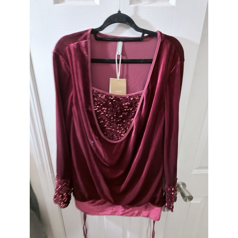 Noracora Womens Dressy Sequin Velour Burgundy Top Size XL NWT